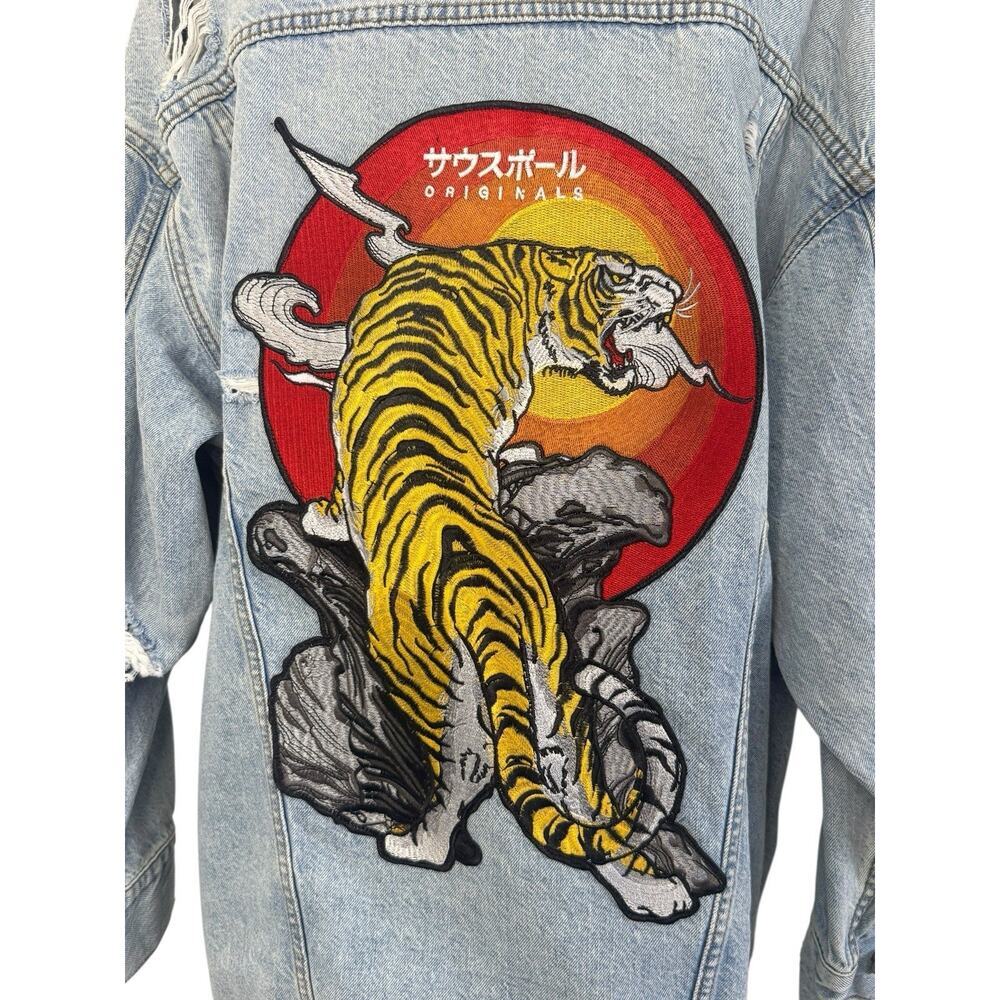 Japanese TIGER Sunset Retro Distressed Denim Jacket Oversized Distressed Sz SP - Picture 11 of 13